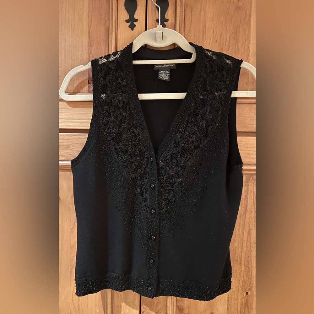 BANANA REPUBLIC Black 100% Merino Wool Beaded Button Down Sweater Vest Party Top